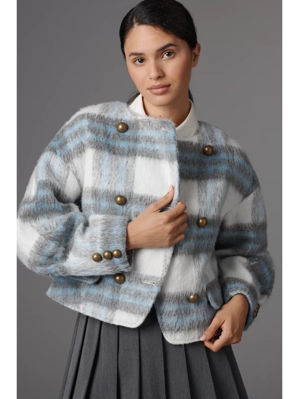 Anthropologie Maeve Plaid Wool Blend Jacket Blue Plaid L